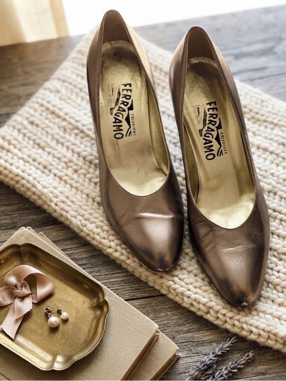 Salvatore Ferragamo Metallic Bronze Leather Pointed-Toe Pumps - Vintage